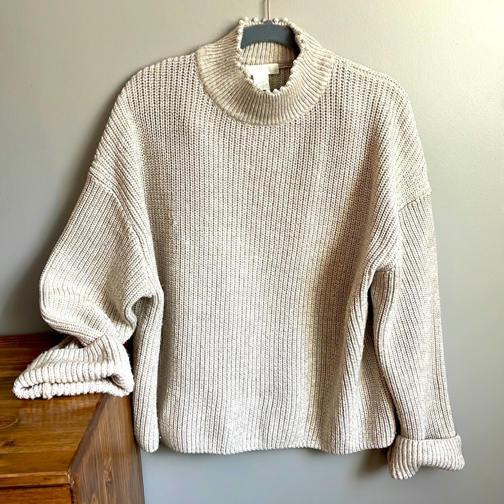 H&M | Mock Neck Sweater with Pearl Detail | Size Small | Cream